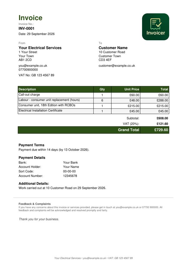 Example electrician invoice with a call-out charge, labour, parts and a certificate, for a VAT-registered business, with VAT at 20%