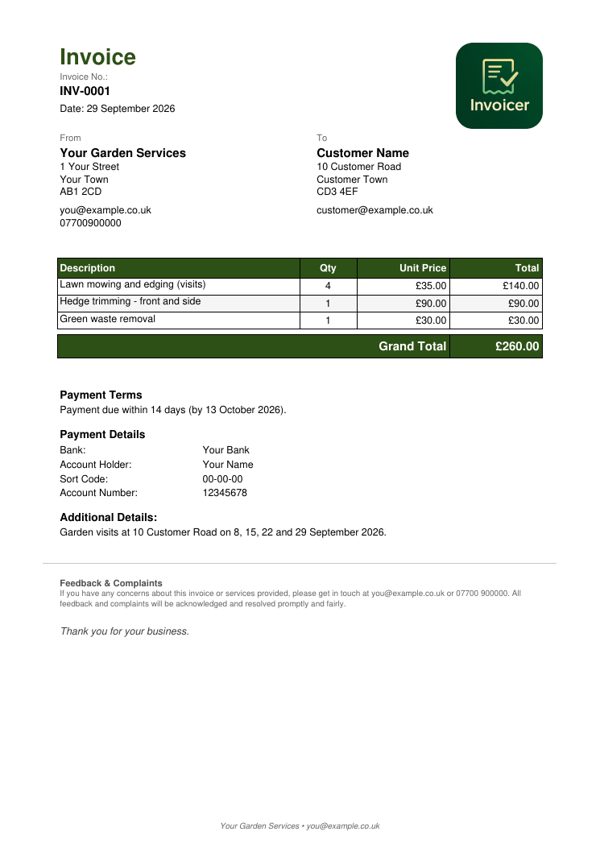 Example gardener invoice with regular visits, hedge trimming and waste removal