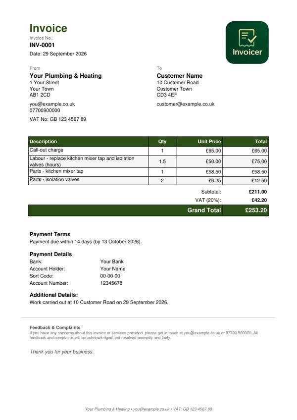 Example plumber invoice with a call-out charge, labour and parts, for a VAT-registered business, with VAT at 20%
