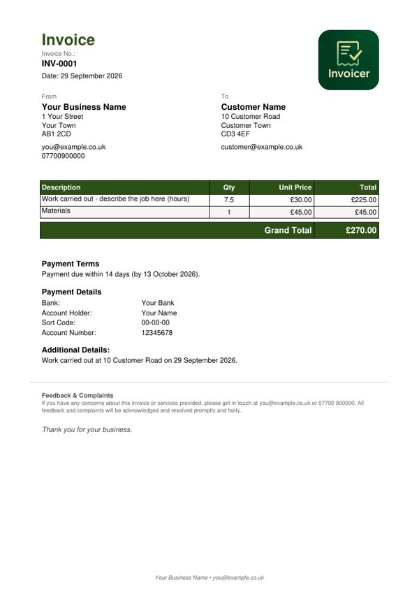 Example self-employed invoice with hours worked and materials